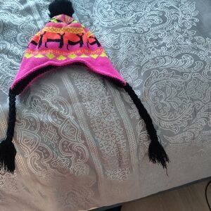 Pink and Black Knit Winter Hat with Ear Flaps